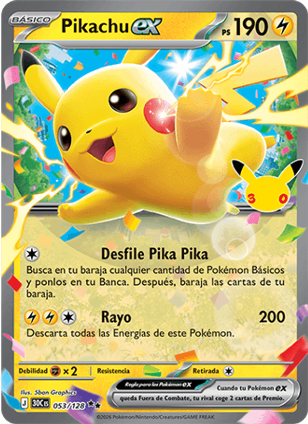 Pikachu ex 053 — 30 Jahre (Spanish Pokémon TCG card)