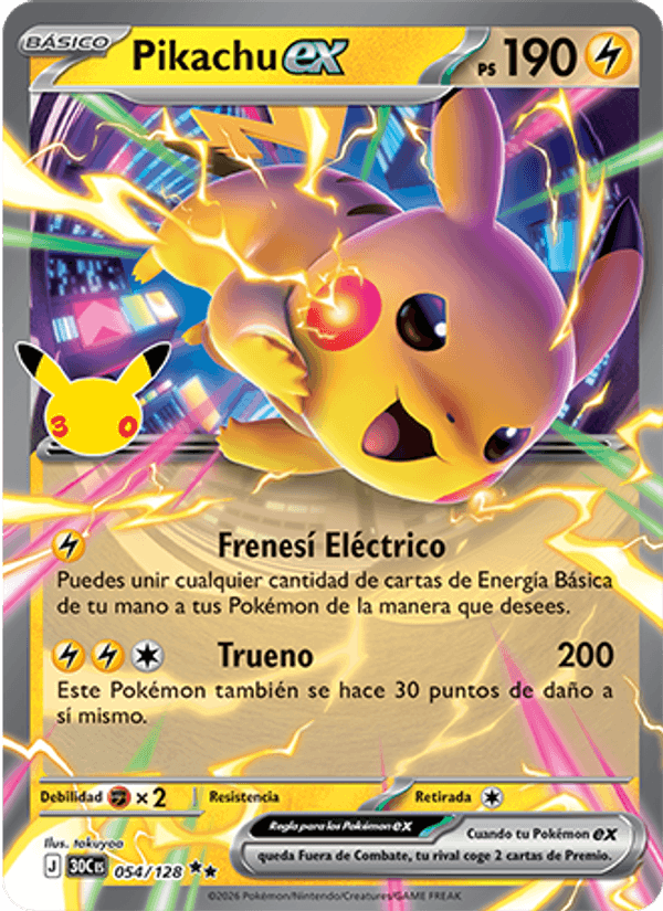 Pikachu ex 054 — 30 Jahre (Spanish Pokémon TCG card)