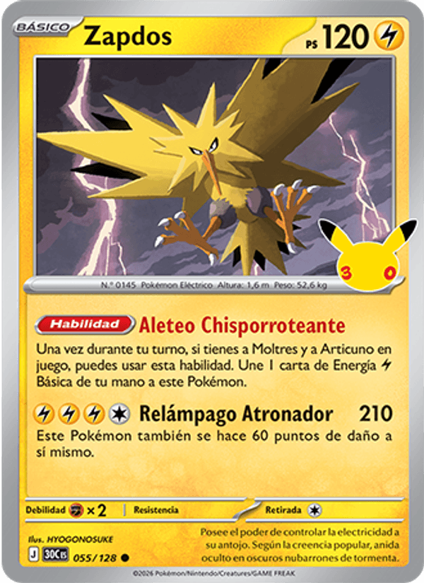 Zapdos 055 — 30 Jahre (Spanish Pokémon TCG card)
