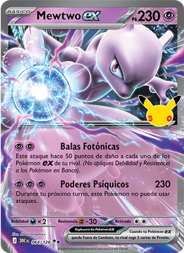 Mewtwo ex 064 — 30 Jahre (Spanish Pokémon TCG card)
