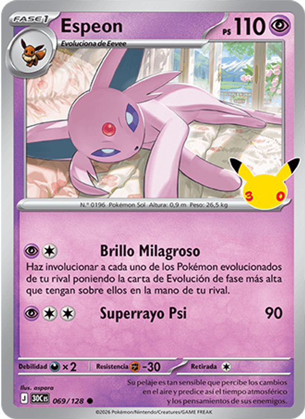 Espeon 069 — 30 Jahre (Spanish Pokémon TCG card)