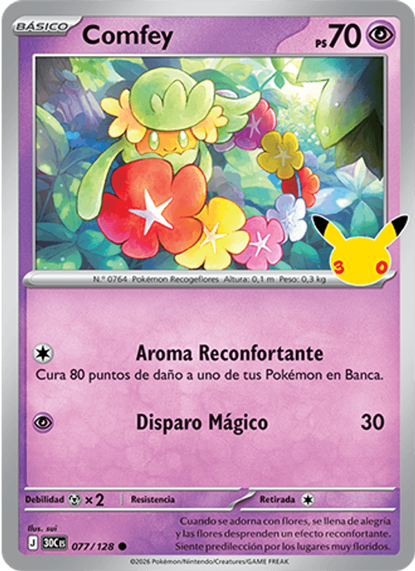Comfey 077 — 30 Jahre (Spanish Pokémon TCG card)