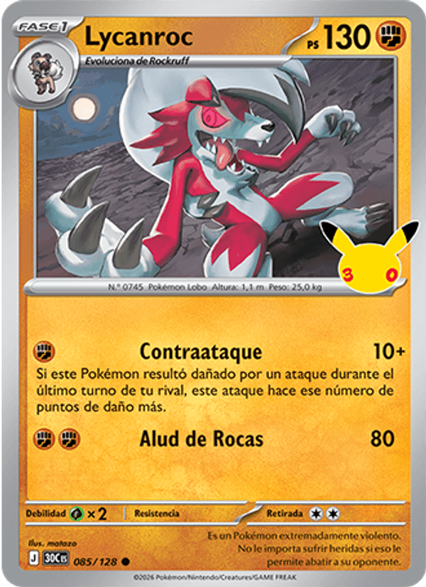 Lycanroc 085 — 30 Jahre (Spanish Pokémon TCG card)