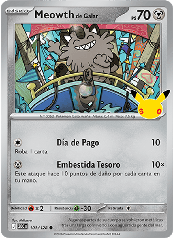 Meowth de Galar 101 — 30 Jahre (Spanish Pokémon TCG card)