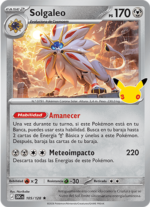 Solgaleo 105 — 30 Jahre (Spanish Pokémon TCG card)