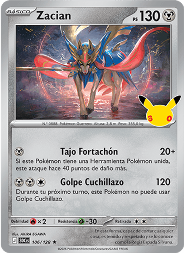 Zacian 106 — 30 Jahre (Spanish Pokémon TCG card)