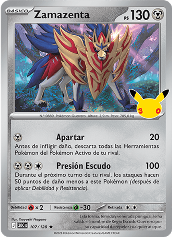Zamazenta 107 — 30 Jahre (Spanish Pokémon TCG card)