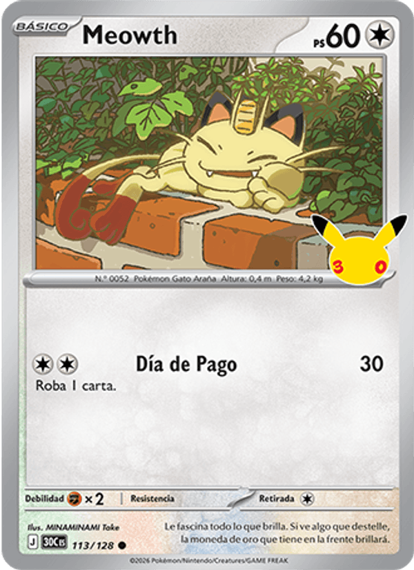 Meowth 113 — 30 Jahre (Spanish Pokémon TCG card)