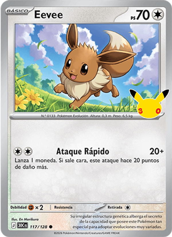 Eevee 117 — 30 Jahre (Spanish Pokémon TCG card)