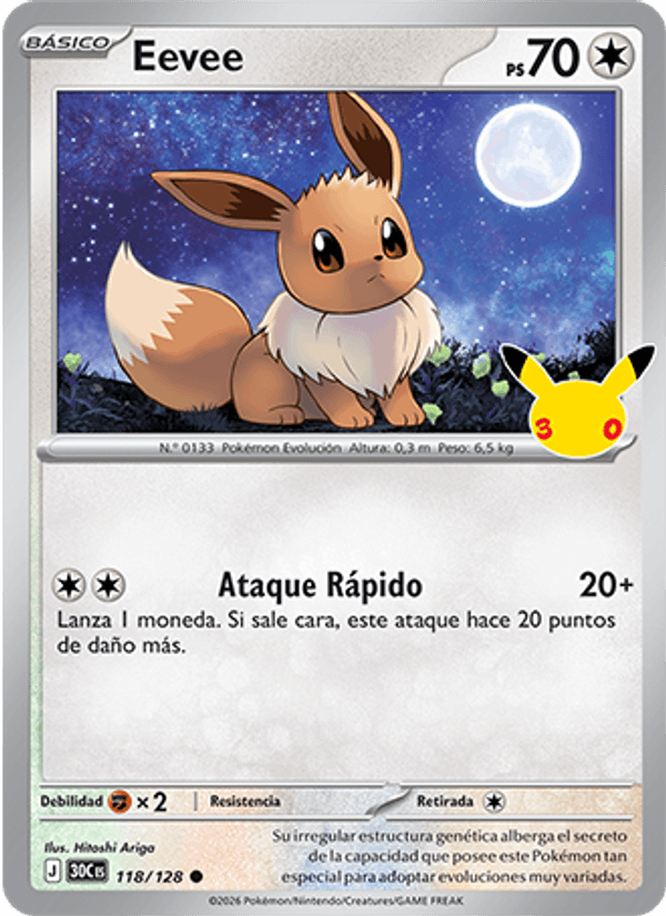 Eevee 118 — 30 Jahre (Spanish Pokémon TCG card)