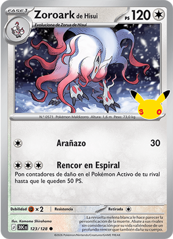 Zoroark de Hisui 123 — 30 Jahre (Spanish Pokémon TCG card)