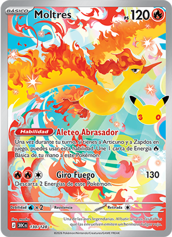 Moltres 130 — 30 Jahre (Spanish Pokémon TCG card)