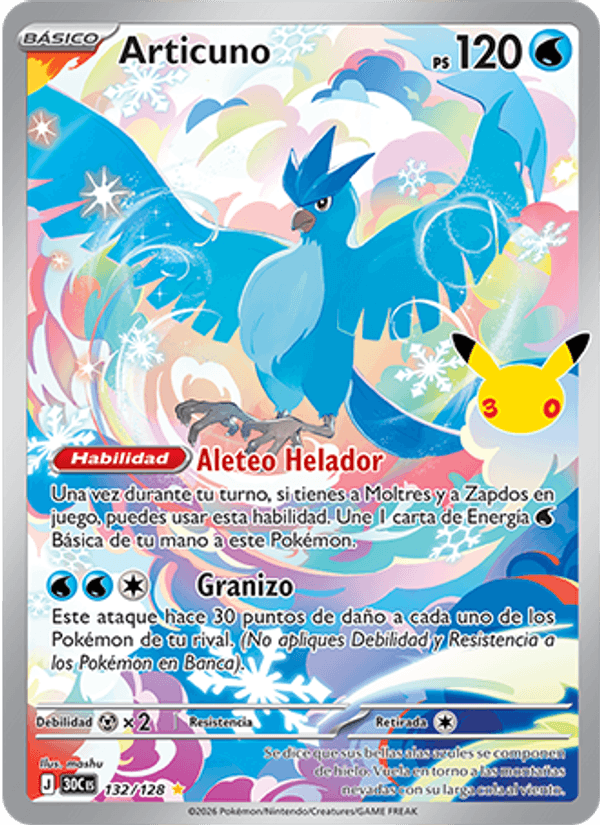 Articuno 132 — 30 Jahre (Spanish Pokémon TCG card)