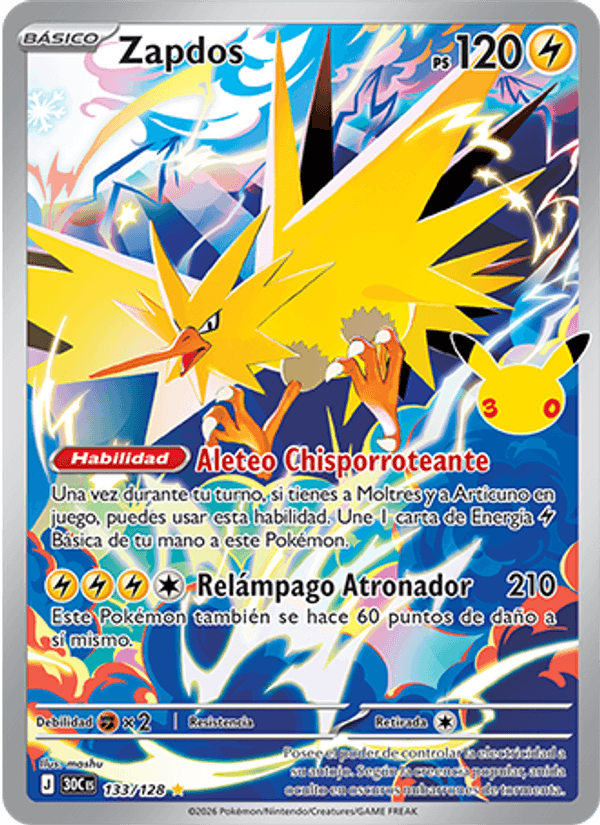 Zapdos 133 — 30 Jahre (Spanish Pokémon TCG card)
