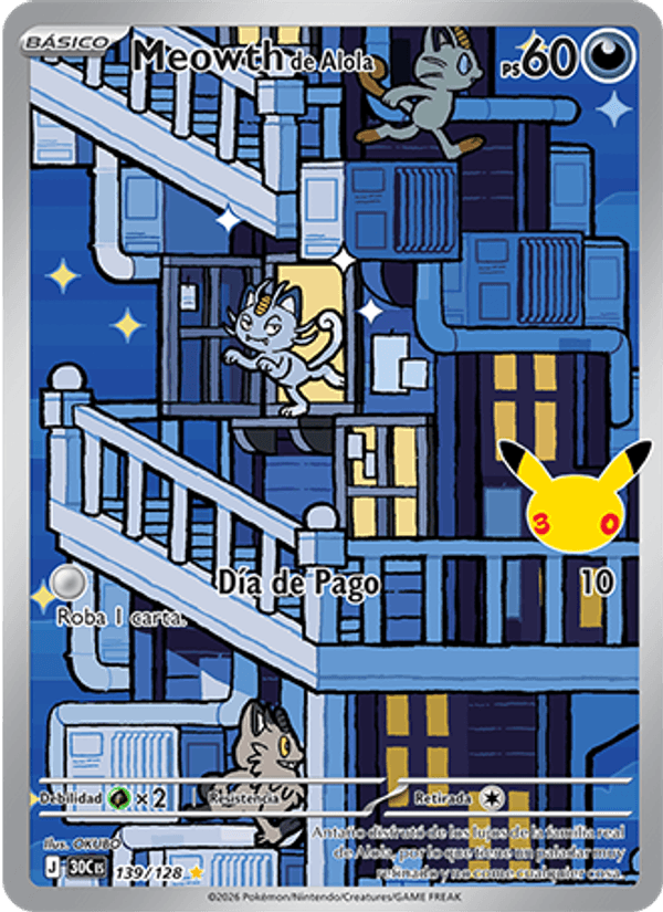 Meowth de Alola 139 — 30 Jahre (Spanish Pokémon TCG card)