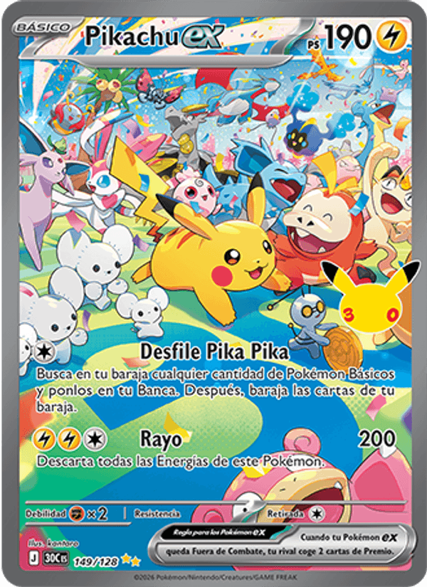 Pikachu ex 149 — 30 Jahre (Spanish Pokémon TCG card)