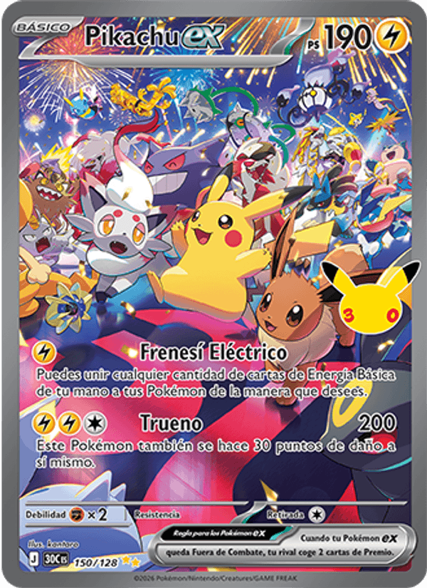 Pikachu ex 150 — 30 Jahre (Spanish Pokémon TCG card)