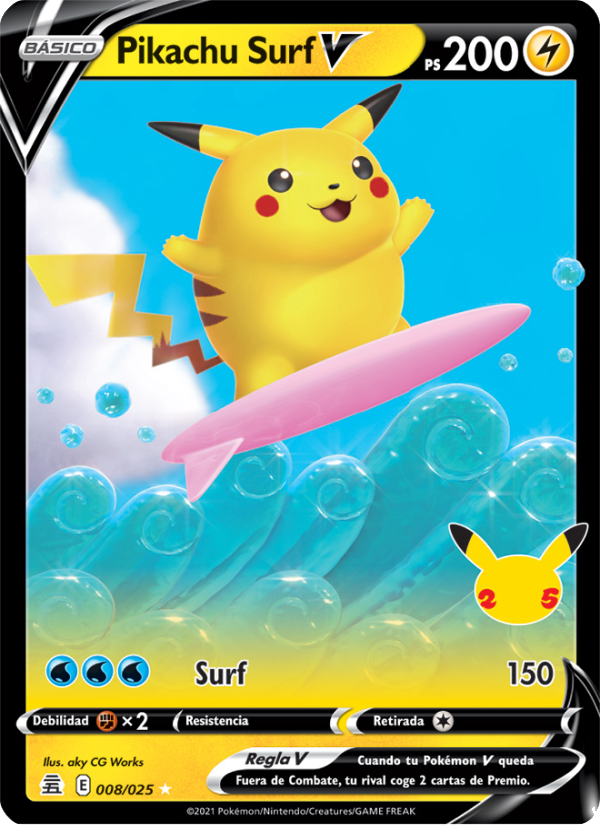 Pikachu Surf V 8 — Celebrations (Spanish Pokémon TCG card)