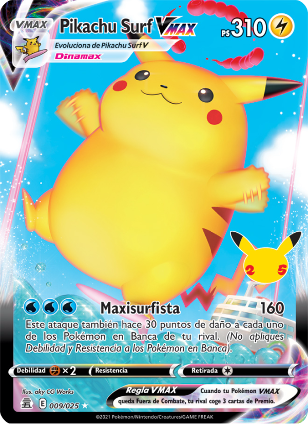 Pikachu Surf VMAX 9 — Celebrations (Spanish Pokémon TCG card)