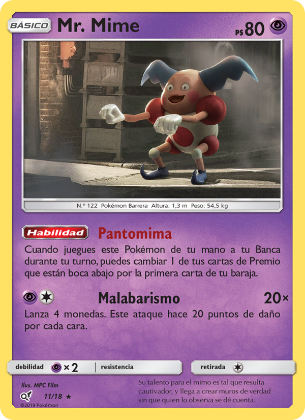 Mr. Mime 11 — Detective Pikachu (Spanish Pokémon TCG card)