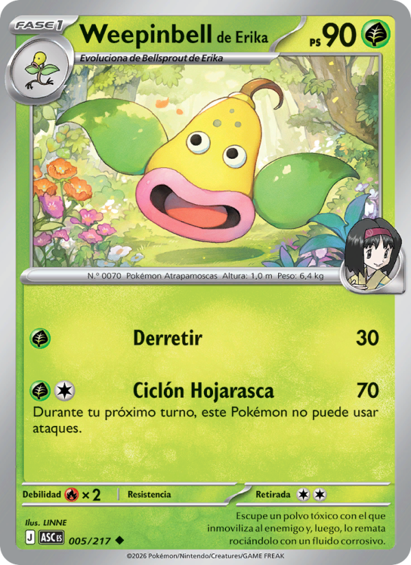 Weepinbell de Erika 005 — Erhabene Helden (Spanish Pokémon TCG card)