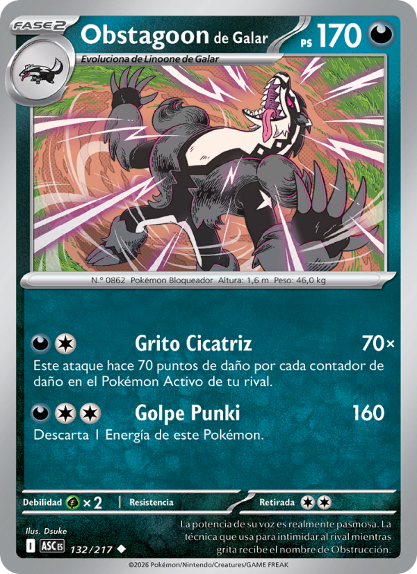 Obstagoon de Galar 132 — Erhabene Helden (Spanish Pokémon TCG card)