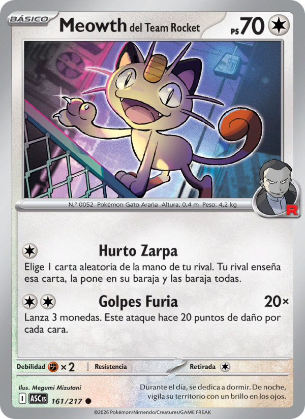 Meowth del Team Rocket 161 — Erhabene Helden (Spanish Pokémon TCG card)