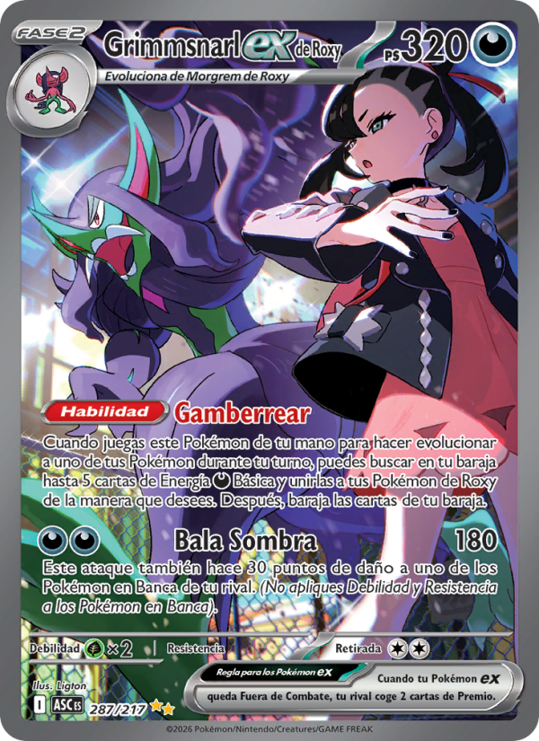 Grimmsnarl ex de Roxy 287 — Erhabene Helden (Spanish Pokémon TCG card)