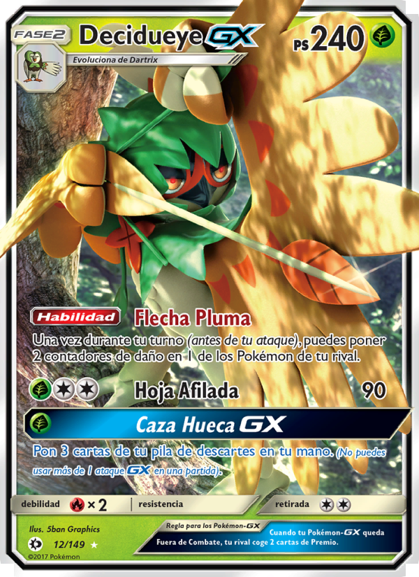 Decidueye GX 12 — Sun & Moon (Spanish Pokémon TCG card)