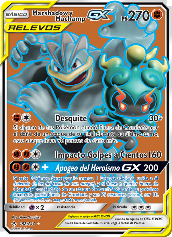 Marshadow y Machamp GX 198 — Unbroken Bonds (Spanish Pokémon TCG card)