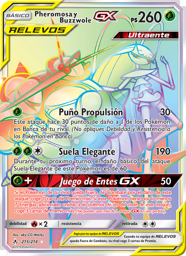 Pheromosa y Buzzwole GX 215 — Unbroken Bonds (Spanish Pokémon TCG card)