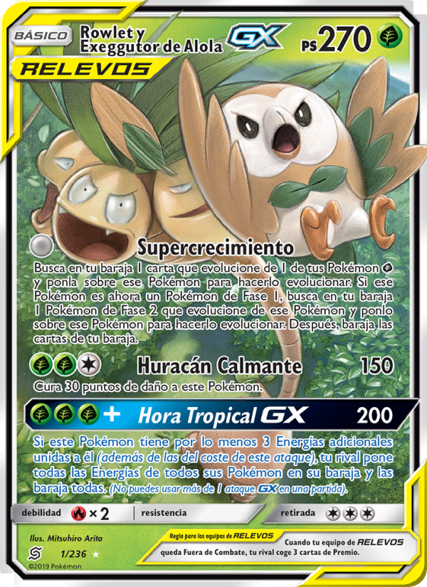 Rowlet y Exeggutor de Alola GX 1 — Unified Minds (Spanish Pokémon TCG card)