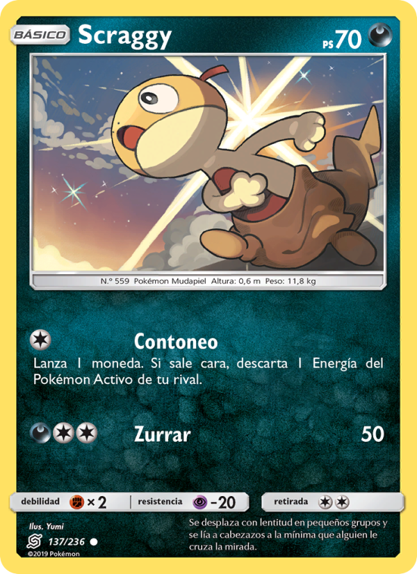 Scraggy 137 — Unified Minds (Spanish Pokémon TCG card)