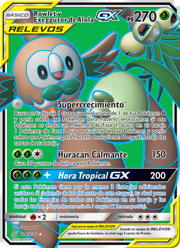Rowlet y Exeggutor de Alola GX 214 — Unified Minds (Spanish Pokémon TCG card)