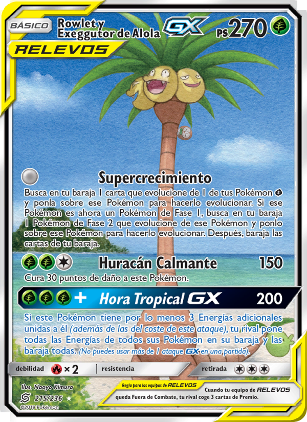 Rowlet y Exeggutor de Alola GX 215 — Unified Minds (Spanish Pokémon TCG card)