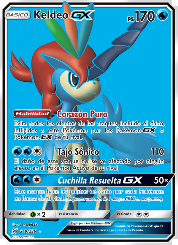 Keldeo GX 219 — Unified Minds (Spanish Pokémon TCG card)