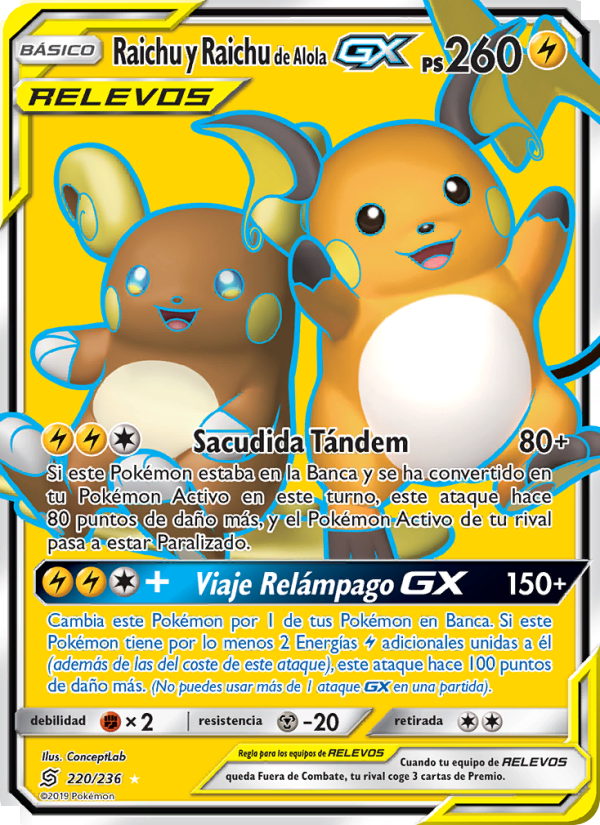 Raichu y Raichu de Alola GX 220 — Unified Minds (Spanish Pokémon TCG card)