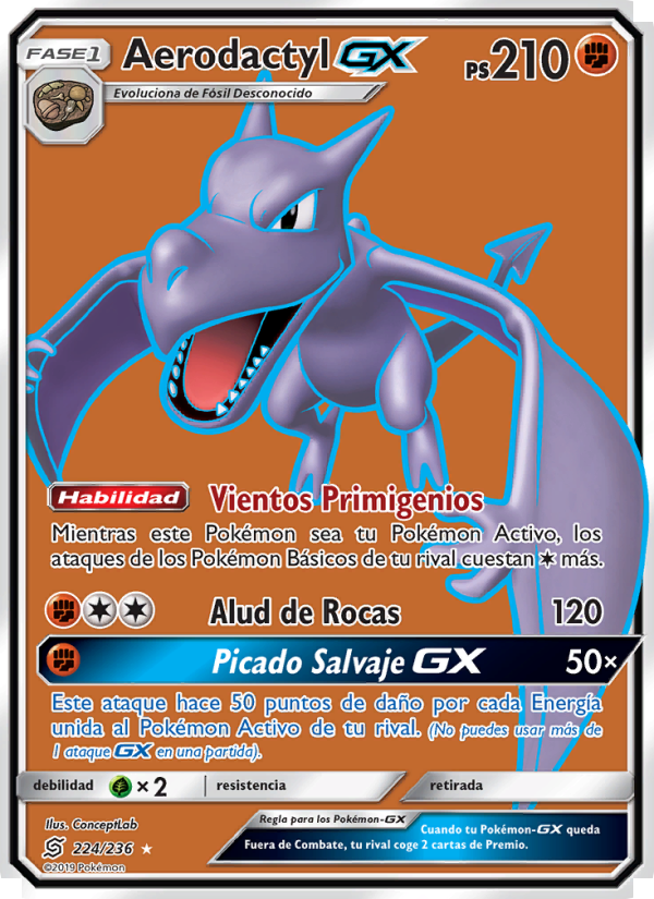 Aerodactyl GX 224 — Unified Minds (Spanish Pokémon TCG card)