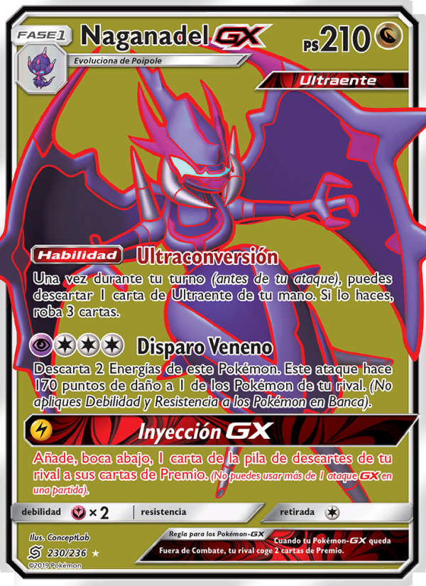 Naganadel GX 230 — Unified Minds (Spanish Pokémon TCG card)