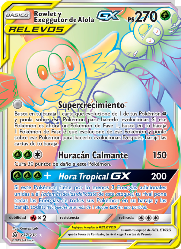 Rowlet y Exeggutor de Alola GX 237 — Unified Minds (Spanish Pokémon TCG card)