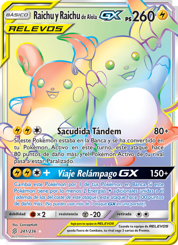 Raichu y Raichu de Alola GX 241 — Unified Minds (Spanish Pokémon TCG card)