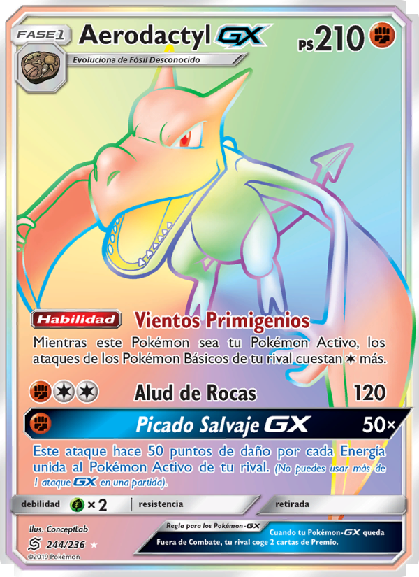 Aerodactyl GX 244 — Unified Minds (Spanish Pokémon TCG card)