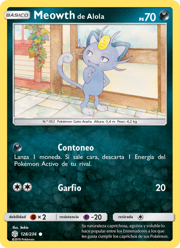 Meowth de Alola 128 — Cosmic Eclipse (Spanish Pokémon TCG card)