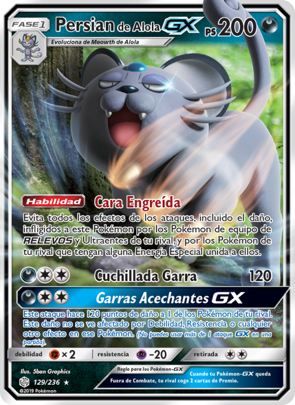 Persian de Alola GX 129 — Cosmic Eclipse (Spanish Pokémon TCG card)