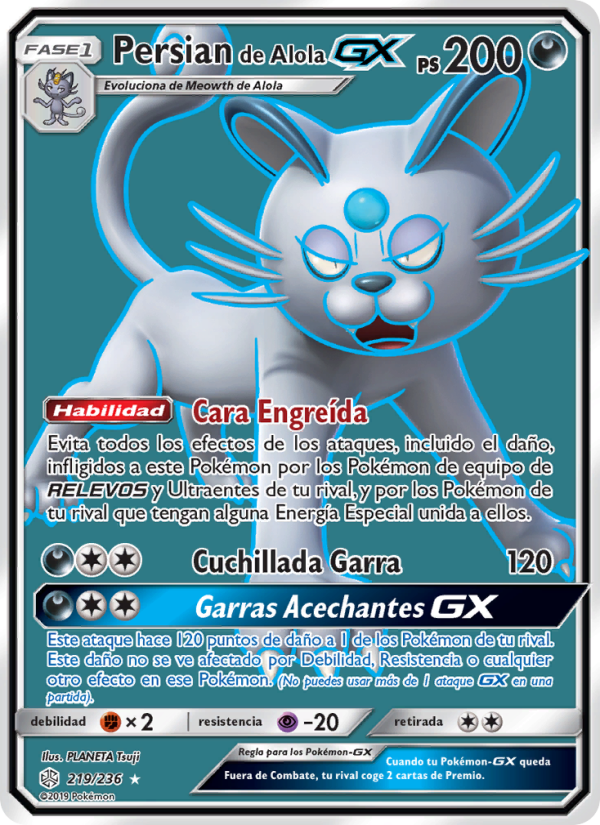 Persian de Alola GX 219 — Cosmic Eclipse (Spanish Pokémon TCG card)