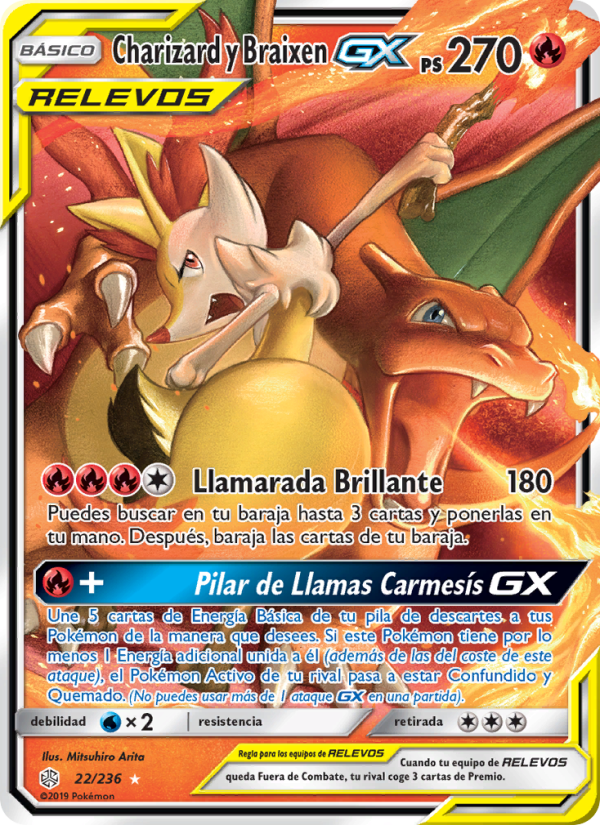 Charizard y Braixen GX 22 — Cosmic Eclipse (Spanish Pokémon TCG card)
