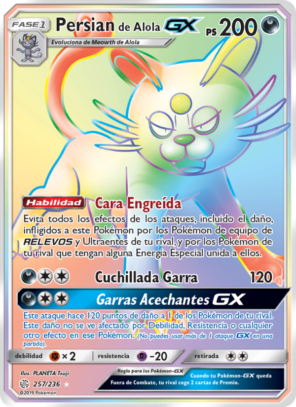 Persian de Alola GX 257 — Cosmic Eclipse (Spanish Pokémon TCG card)