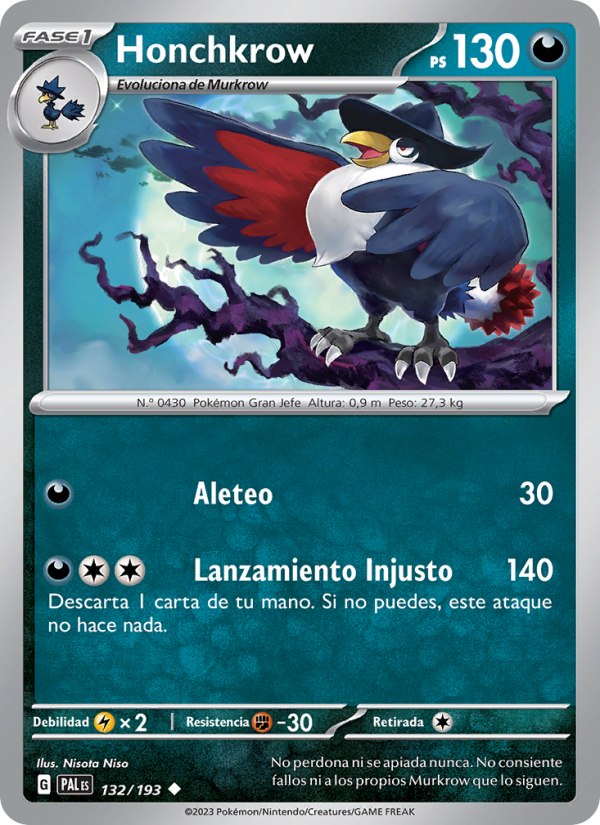 Honchkrow 132 — Paldea Evolved (Spanish Pokémon TCG card)
