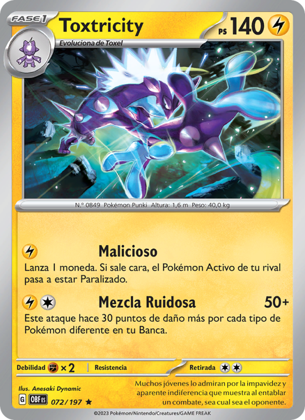 Toxtricity 072 — Obsidian Flames (Spanish Pokémon TCG card)