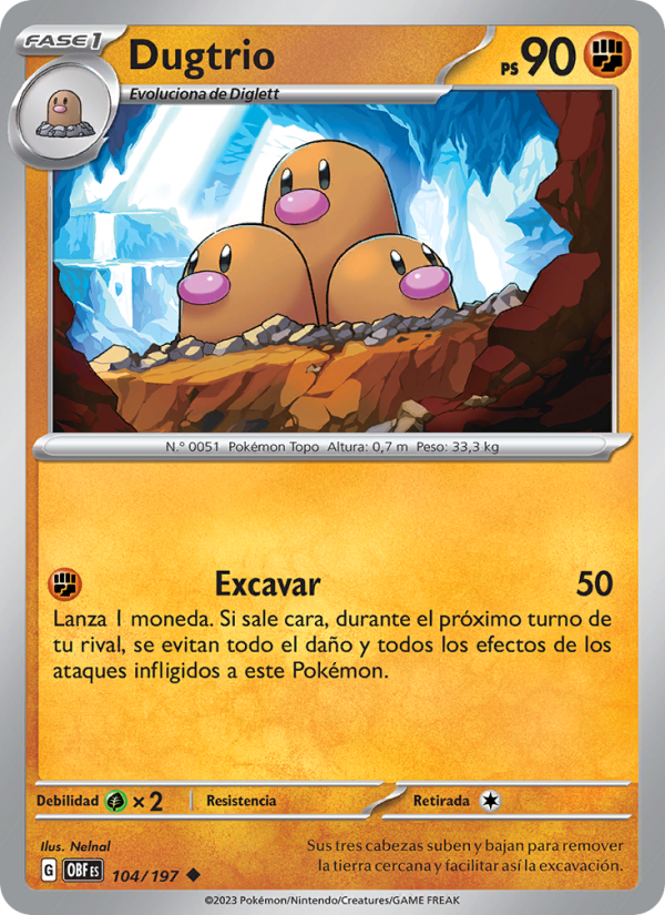 Dugtrio 104 — Obsidian Flames (Spanish Pokémon TCG card)